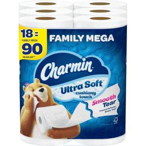 imageCharmin Toilet Paper Ultra Soft Cushiony Touch 18 Family Mega Rolls  90 Regular Rolls288 Count Pack of 18