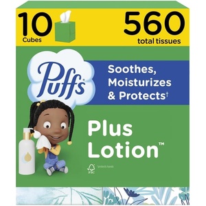 image:imagePuffs Facial Tissues Plus Lotion 4 Mega Cube Boxes 72 Facial Tissues per Box Allergies and Colds Packaging May Vary56 Count Pack of 10