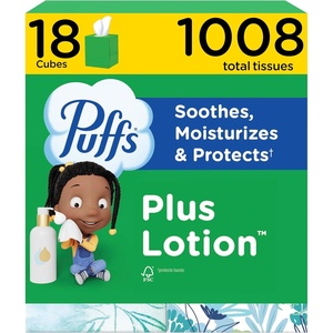 image:imagePuffs Facial Tissues Plus Lotion 4 Mega Cube Boxes 72 Facial Tissues per Box Allergies and Colds Packaging May Vary56 Count Pack of 18