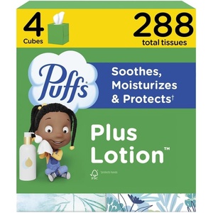 image:imagePuffs Facial Tissues Plus Lotion 4 Mega Cube Boxes 72 Facial Tissues per Box Allergies and Colds Packaging May Vary72 Count Pack of 4